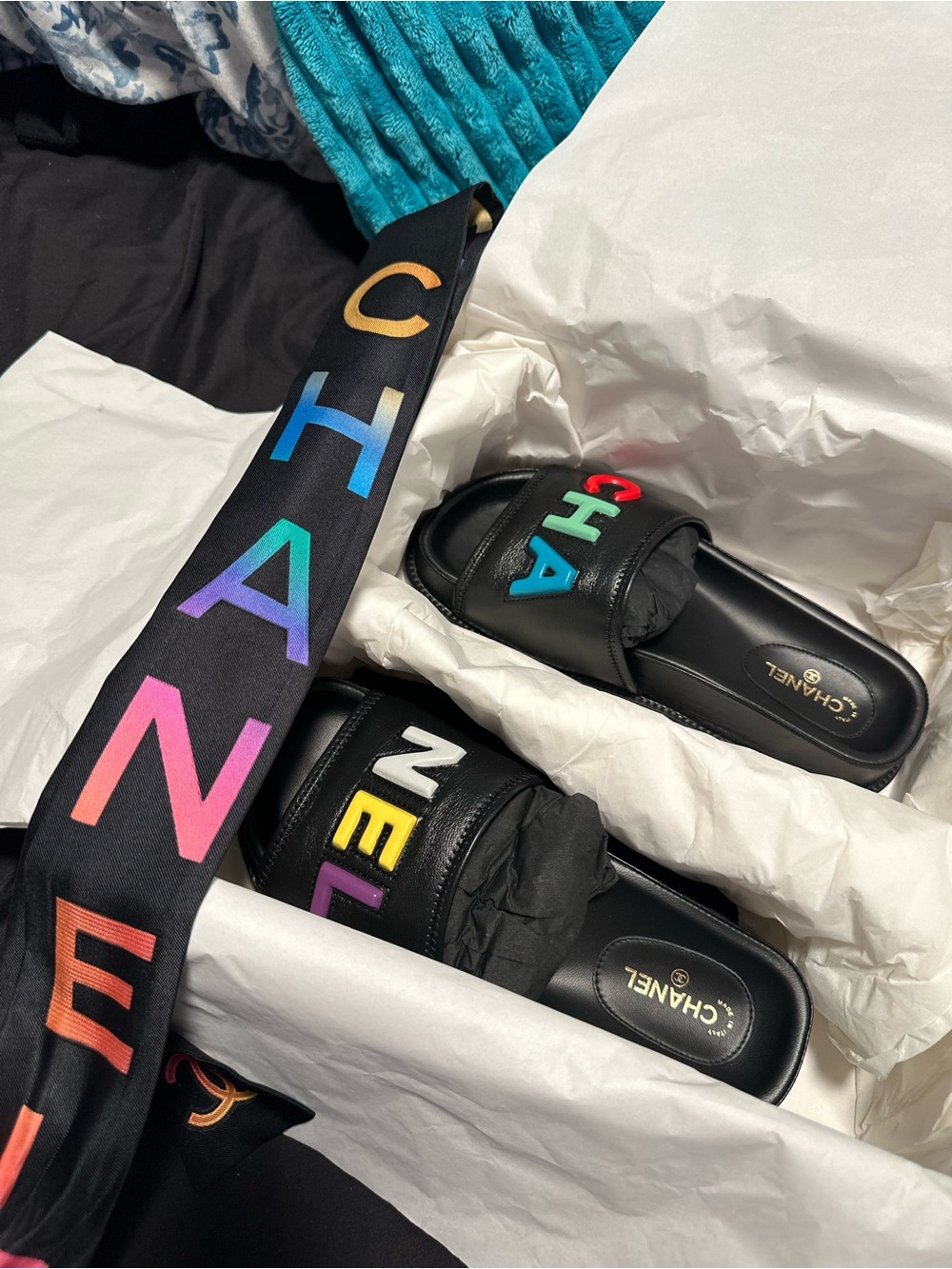 CHANEL Black Leather Slide Sandals with Multicolor Logo & HEADBAND INCLUDED